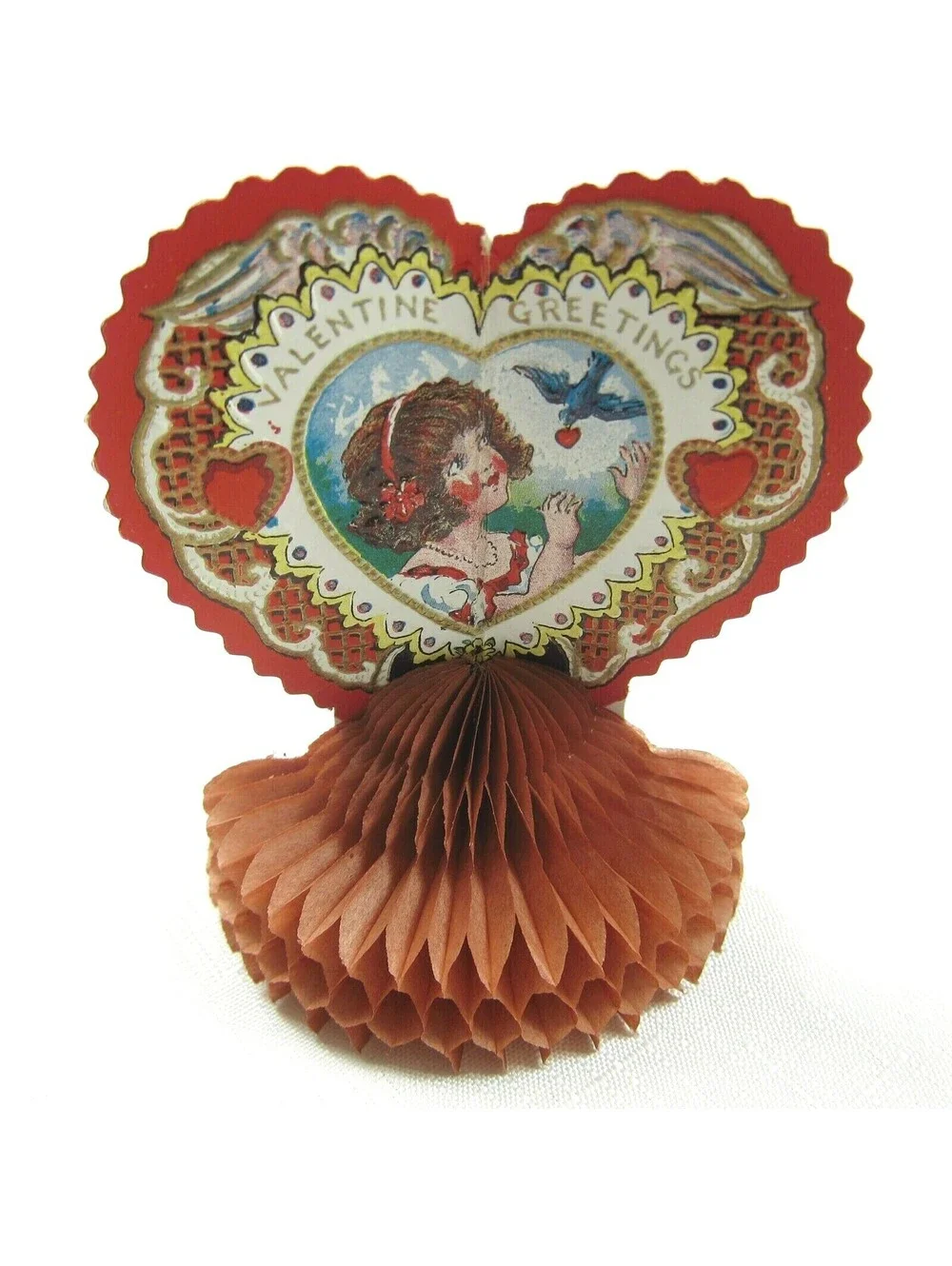 Vintage Valentine Beistle Honeycomb Stand Up Heart Girl & Blue Bird USA 1920-30s